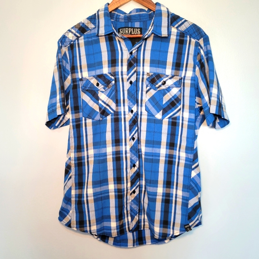 Surplus Men's Western, Short Sleeve Blue Plaid Button Down Shirt, Size Large